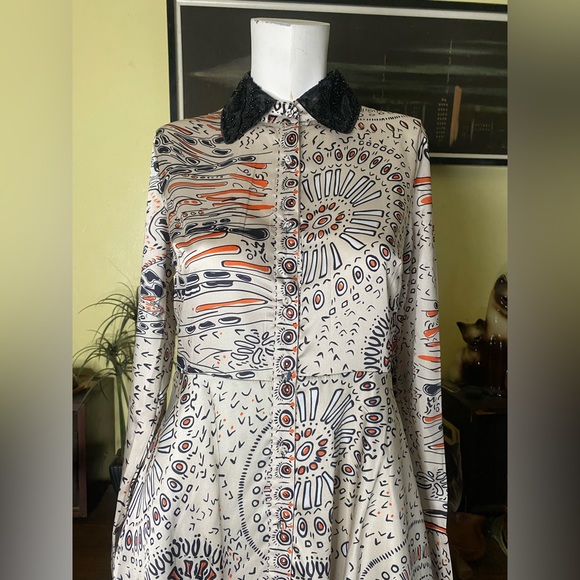 Ladies retro boho button up dress beaded MOD contemporary avant-guards vintage - Picture 8 of 10